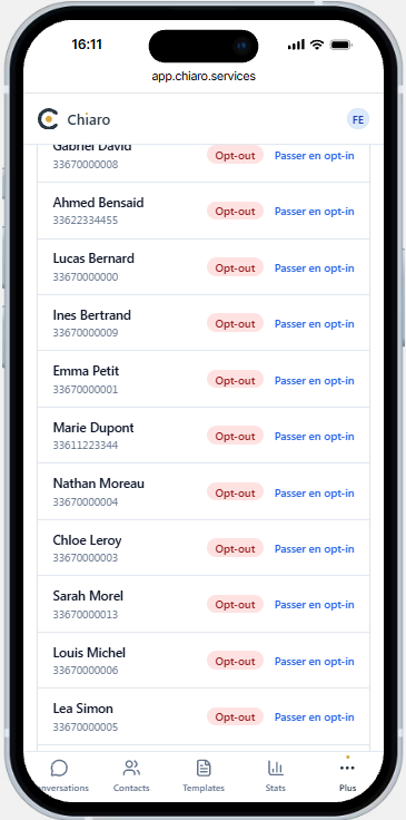 Liste de contacts Chiaro avec leur statut d’opt-in.