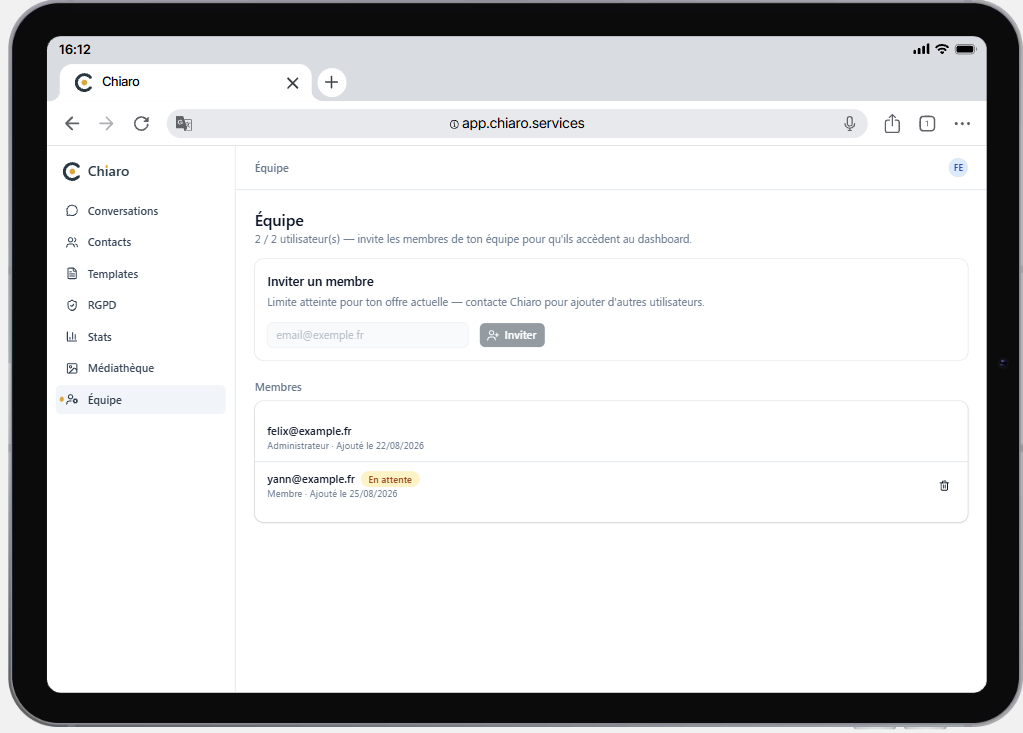 Interface Chiaro sur tablette pour gérer les accès de l’équipe.