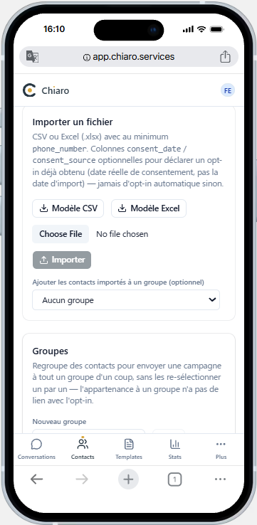 Import de contacts dans Chiaro avec informations de consentement.